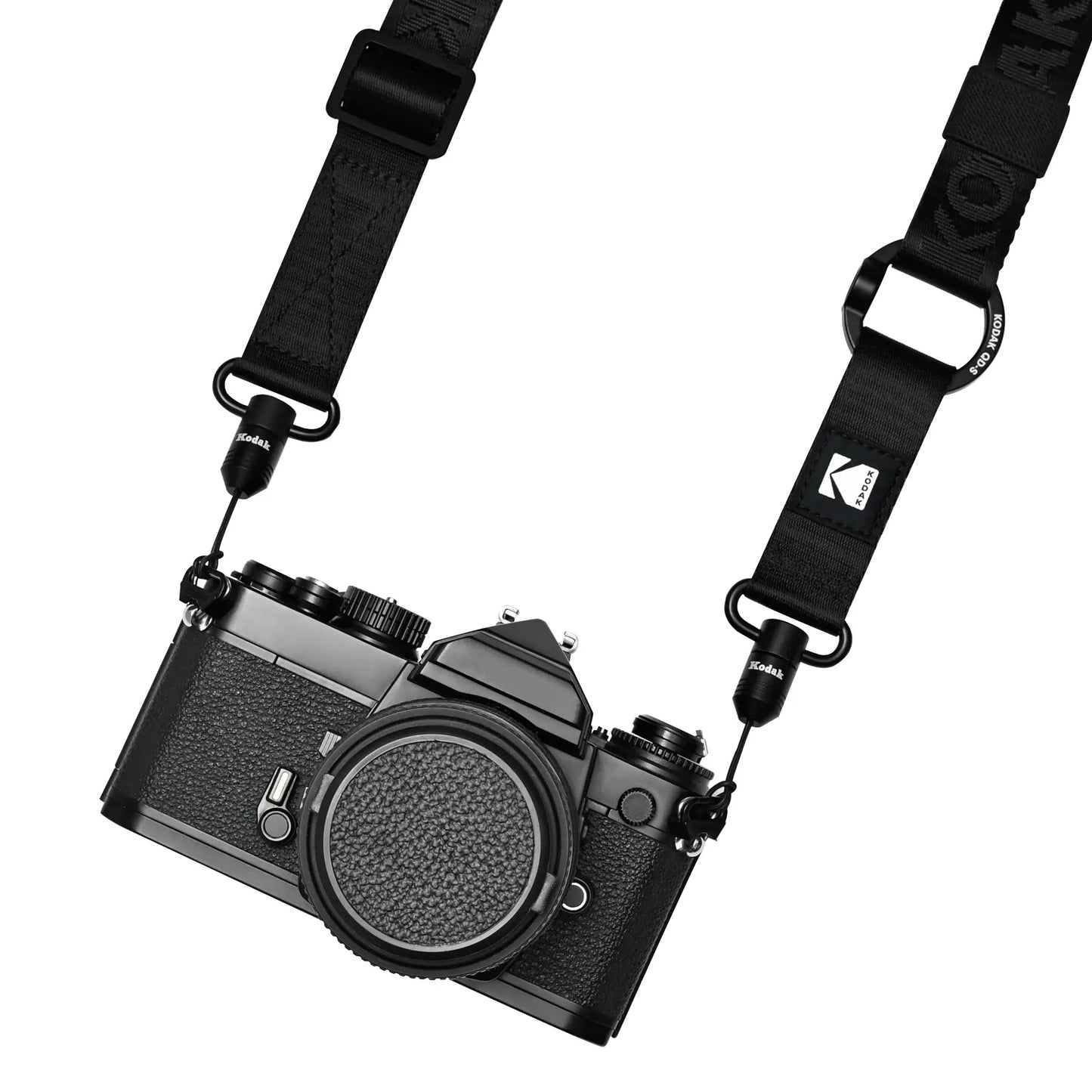 Kodak Multi-Purpose Camera Strap (Black) attached to a camera, showcasing its adjustable and versatile design.