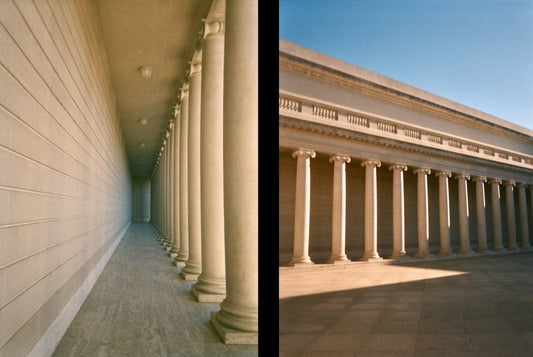Side-by-side colonnade and corridor imagery featuring classical pillars and shaded colonnade, with architectural symmetry and warm tones, shot using Ektar H35 Half Frame camera.