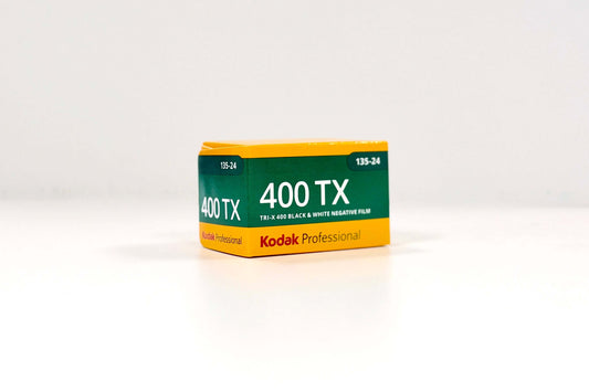 Kodak Tri-X 400 black and white negative film box 35mm, 24 exposures, showcasing quality and classic photography.