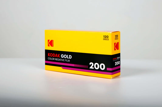 Kodak Eastman Gold 200 Color Negative Film 120 Roll packaging in yellow and black design.