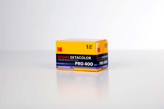Kodak Ektacolor Pro 400 Color Negative Film (35mm Roll Film, 36 Exposures) packaging on a white background.