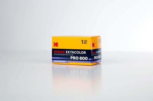 Kodak Ektacolor Pro 800 Color Negative Film (35mm Roll Film, 36 Exposures) packaging on display.