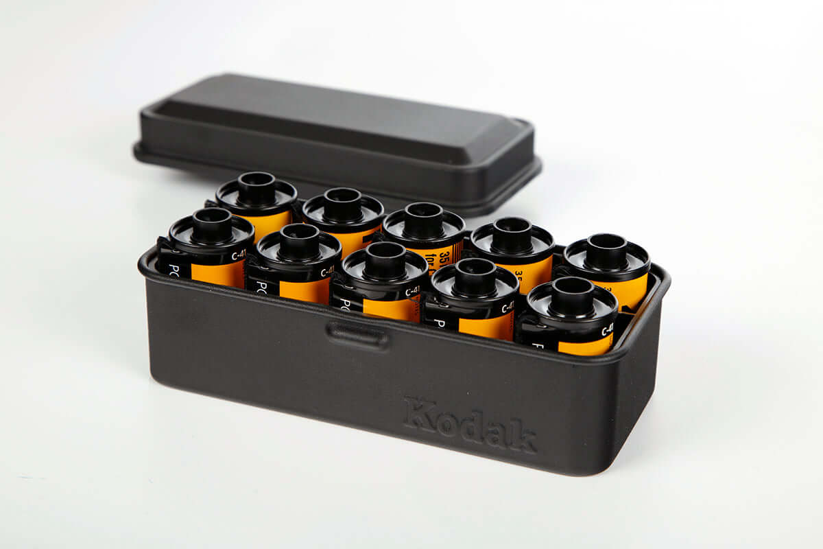 Open view of a Kodak 135/120 film case in the color black.