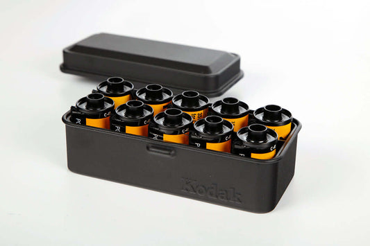 Open view of a Kodak 135/120 film case in the color black.