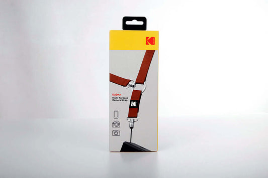 Kodak Multi-Purpose Camera Strap (Burgundy) packaging showing features and design.