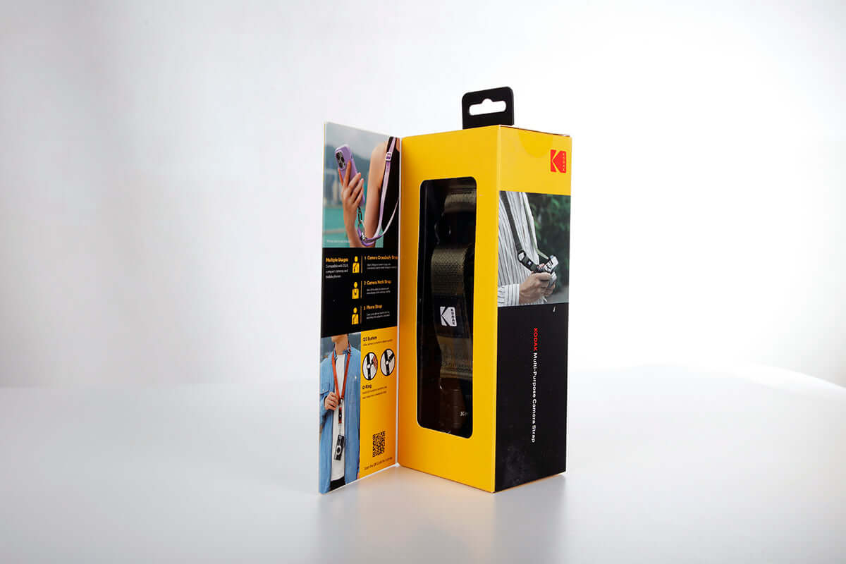 Kodak Multi-Purpose Camera Strap (Olive) packaging showing product features and design.