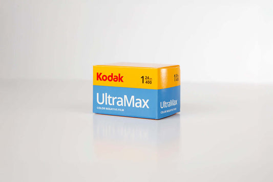 Kodak UltraMax 400 Color Negative Film (35mm, 24 Exposure) packaging on a white background.