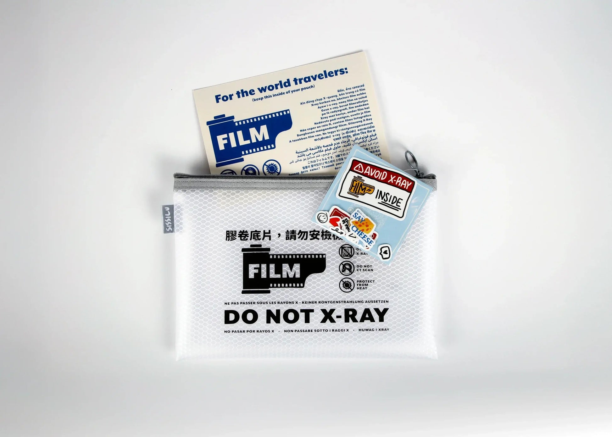SissiLu "DO NOT X‑RAY" Film Pouch with handy travel card with translations in 21 additional languages and stickers.