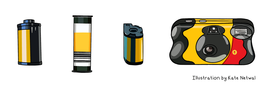 Illustration of various film rolls and a camera for the Film Format Guide: Film Developing Made Easy.