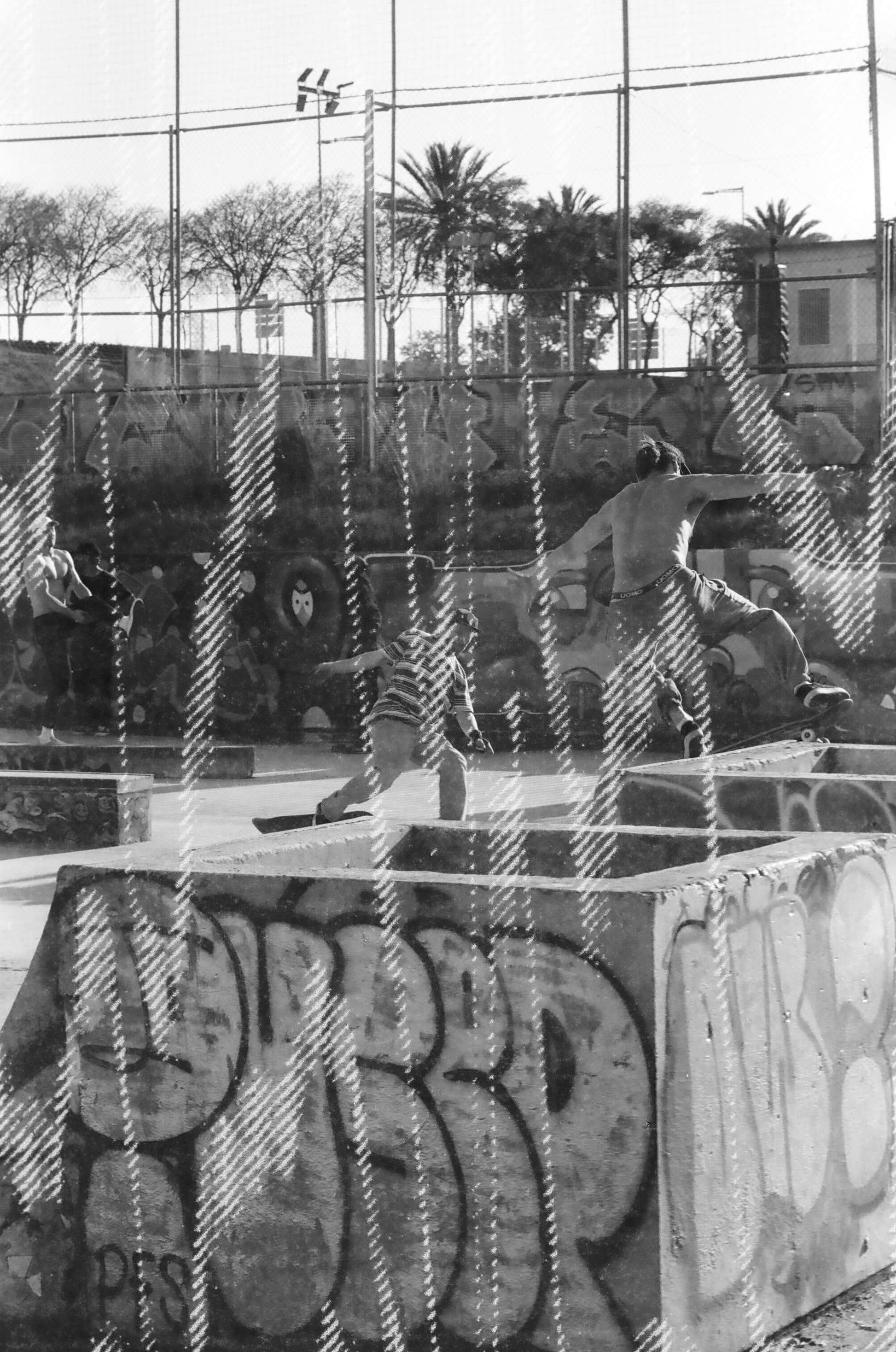 Skateboarder performing tricks in a skate park captured on Dubblefilm Glitch 200 Black and White Negative Film (35mm, 36 exp).