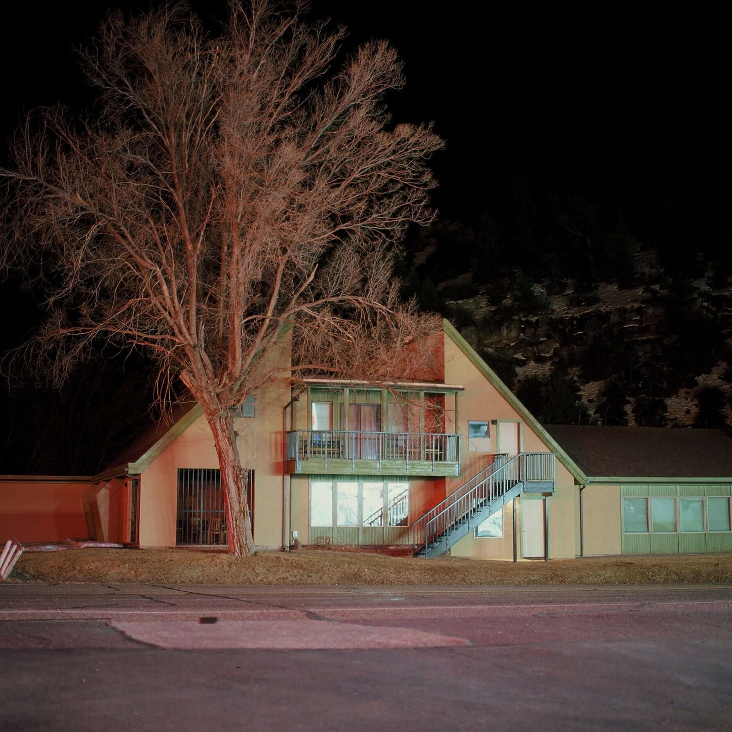 Nighttime view of a unique architectural building with a large tree in front, showcasing quiet suburban charm.