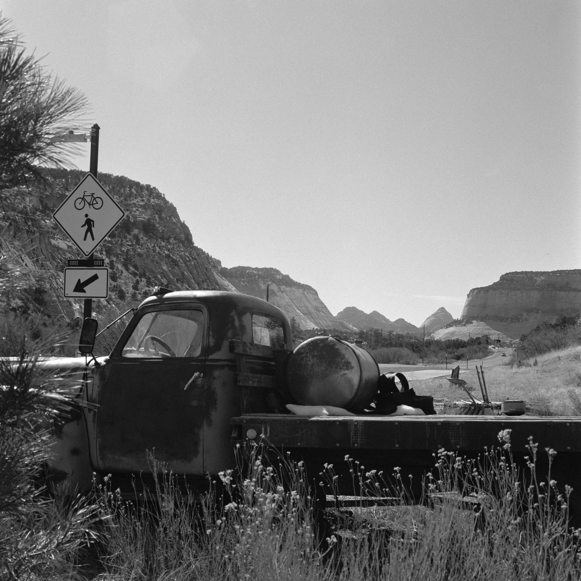 Kodak Tri-X 400 Black and White Negative Film (120 Roll Film, 5-Pack) scenic landscape with vintage truck and road signs