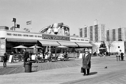 Kentmere Pan 200 Black & White Negative Film image of a boardwalk scene featuring Paul's Daughter.