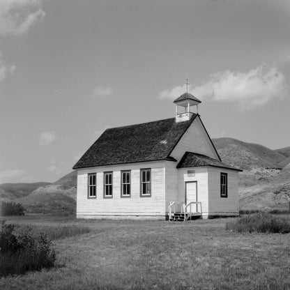 Ilford Ortho Plus 80 Black and White Negative Film (120 Roll Film) image of a historic wooden schoolhouse.