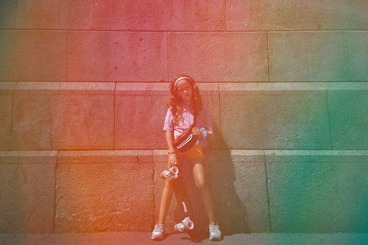 Dubblefilm Jelly 200 Color Negative Film (35mm Roll, 36 Exposures) image showing colorful gradient across wall with a person and skateboard