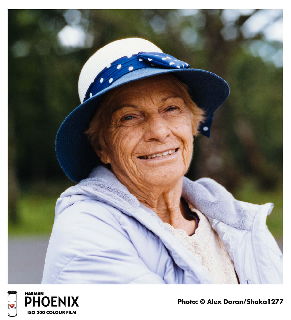 Harman Phoenix 200 Color Negative Film (120 Roll Film) photo of an elderly woman smiling outdoors.