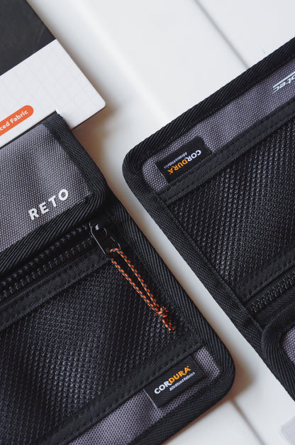 RETO Film X-Protec Bag (Medium) showing durable black fabric with CORDBURA labels and zipper compartments.
