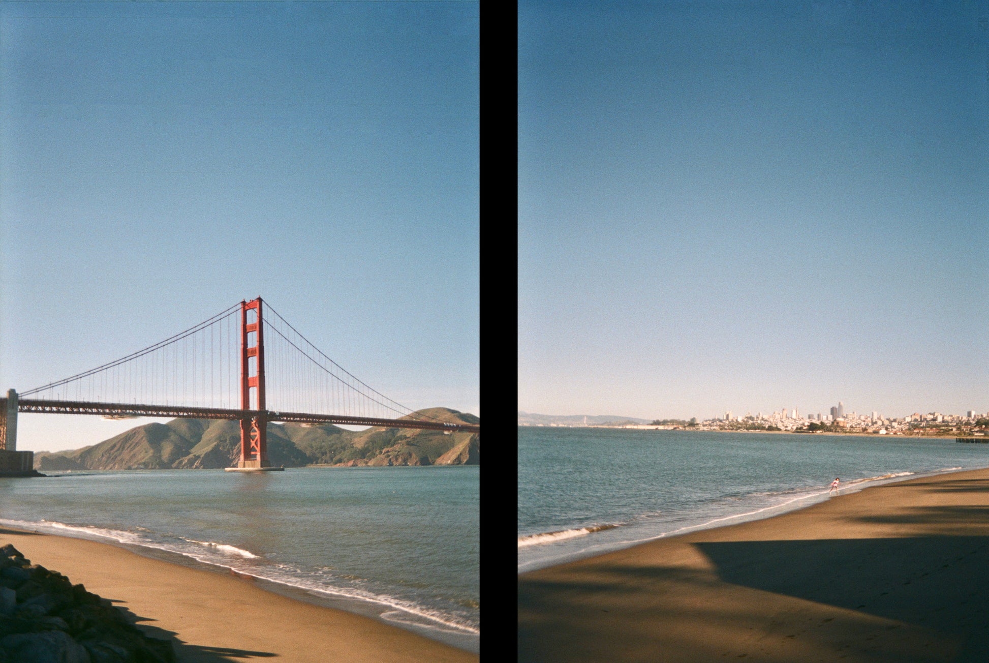 Golden Gate Bridge view across the bay with sandy beach foreground, split image, shot using Ektar H35 Half Frame camera.