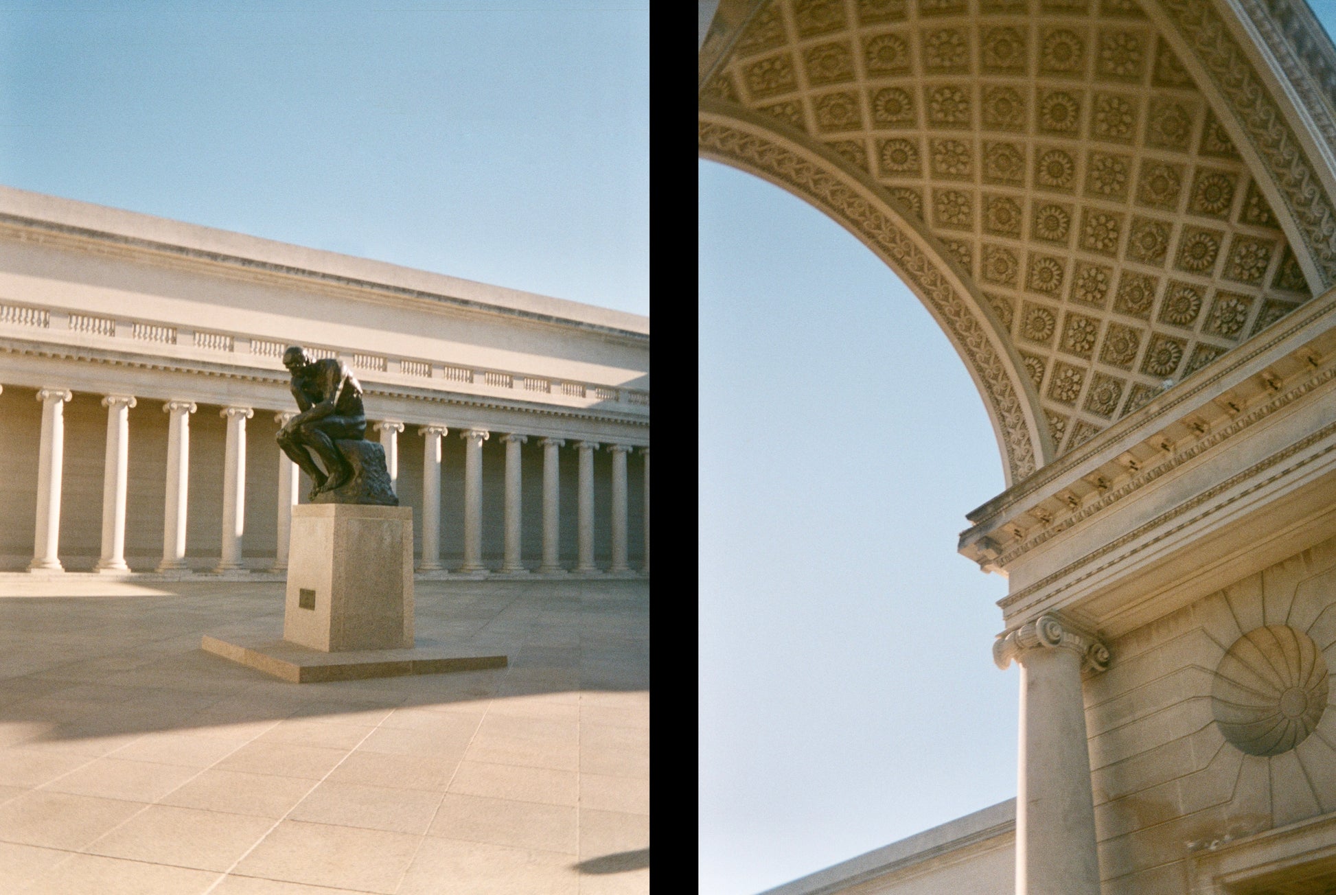 Statue in museum courtyard with colonnades and arched architectural detailing, shot using Ektar H35 Half Frame camera.
