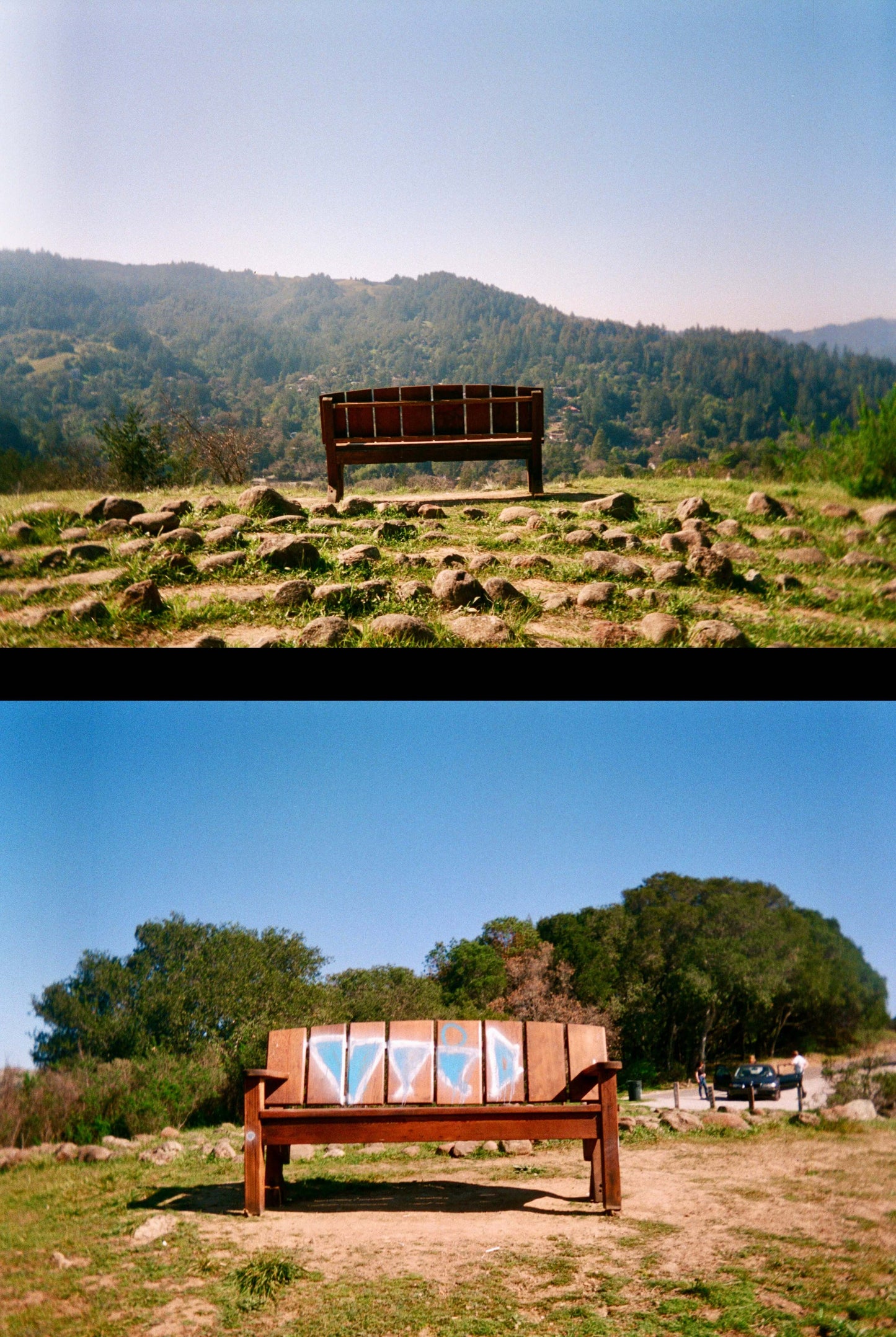 Two rustic benches in an open field with hills and blue sky; inviting outdoor seating with natural landscape, shot using Ektar H35 Half Frame camera.