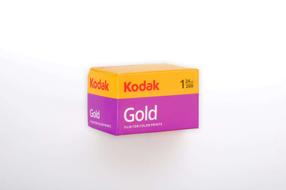 Kodak Gold 200 color negative film box for vibrant color prints in 35mm format.