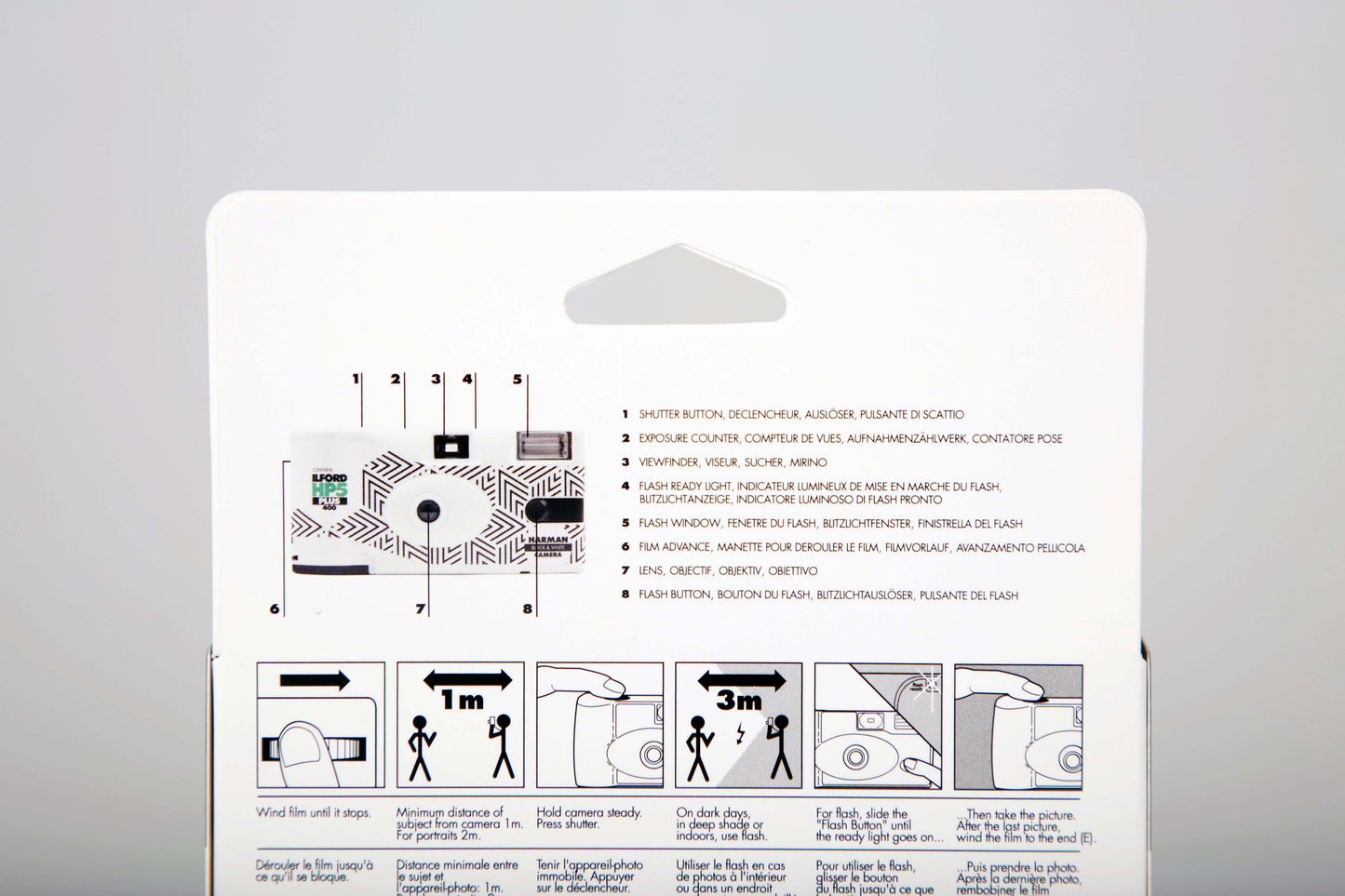 Ilford HP5 Plus B&W Single-Use Film Camera back cover with instructions and features overview.