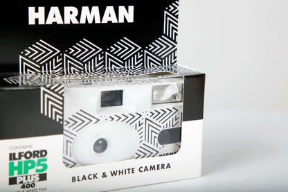 Ilford HP5 Plus B&W Single-Use Film Camera package featuring stylish design and 27 exposures.