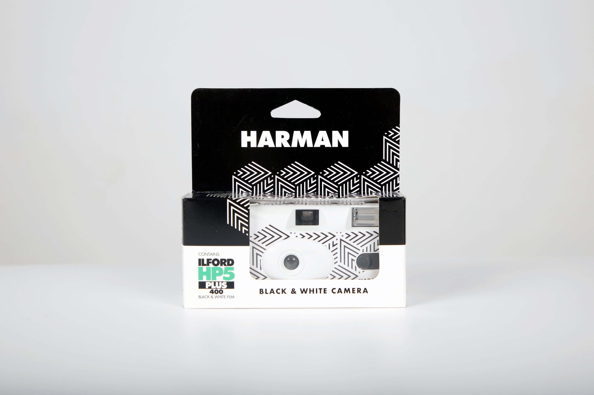 Ilford HP5 Plus B&W Single-Use Film Camera packaging showing black and white design and 27 exposures.