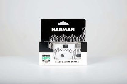 Ilford HP5 Plus B&W Single-Use Film Camera packaging showing black and white design and 27 exposures.