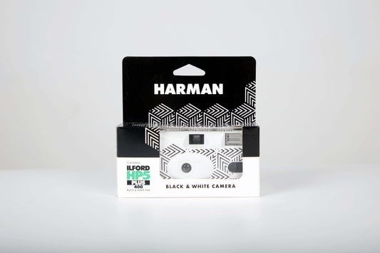 Ilford HP5 Plus B&W Single-Use Film Camera packaging showing black and white design and 27 exposures.