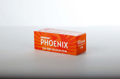 HARMAN Phoenix 200 color negative film packaging for 120 roll film.