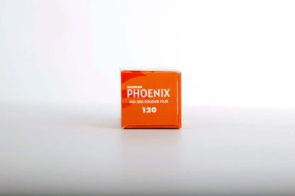 HARMAN Phoenix 200 color negative film packaged in a bright orange box