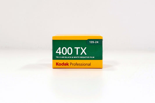 Kodak Tri-X 400 film box showcasing 400 TX black and white negative film for classic photography.