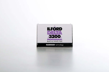 Ilford Delta 3200 Black and White Negative Film (35mm, Roll 36 Exp) packaging with clear branding.