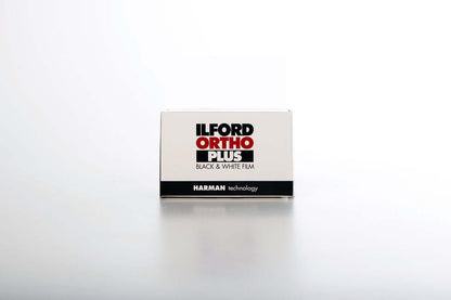 Ilford Ortho Plus 80 Black and White Negative Film packaging, 35mm roll, 36 exposures, featuring Harman technology.