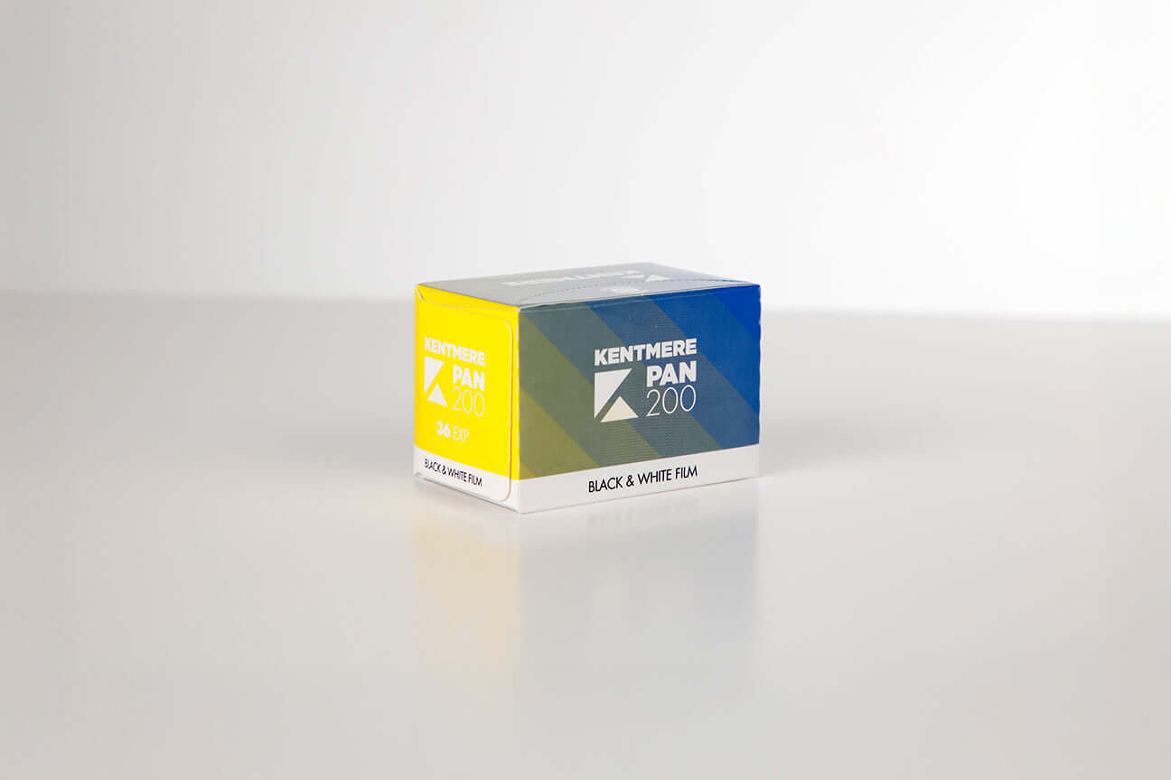 Kentmere Pan 200 Black & White Negative Film (35mm, 36 Exposures) packaging in colorful box