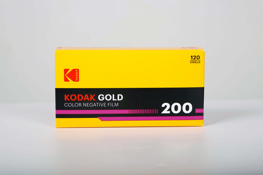 Kodak Eastman Gold 200 Color Negative Film (120 roll) packaging showing vibrant yellow design.