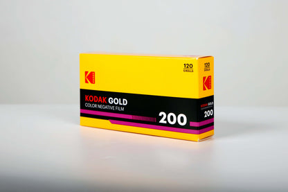Kodak Eastman Gold 200 Color Negative Film (120 Roll) packaging on display.