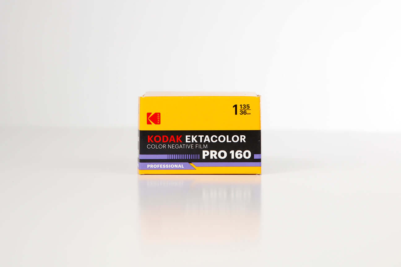 Kodak Ektacolor Pro 160 Color Negative Film (35mm Roll Film, 36 Exposures) packaging on a clean background.