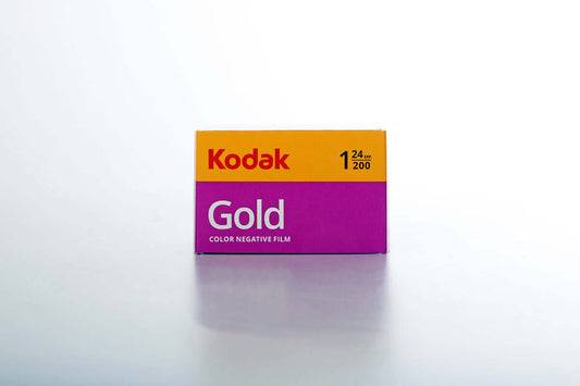 Kodak Gold 200 Color Negative Film (35mm, 24 Exposures) packaging on a white background.