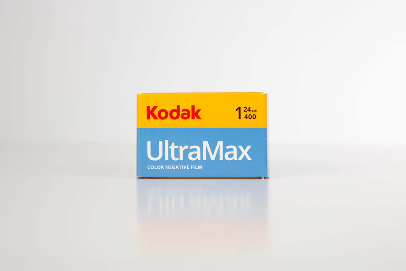 Kodak UltraMax 400 Color Negative Film (35mm, 24 Exposure) packaging on a white background.