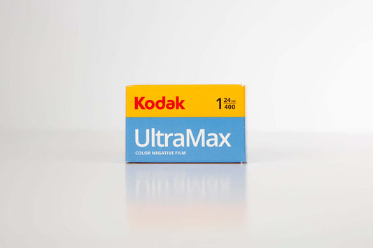 Kodak UltraMax 400 Color Negative Film (35mm, 24 Exposure) packaging on a white background.