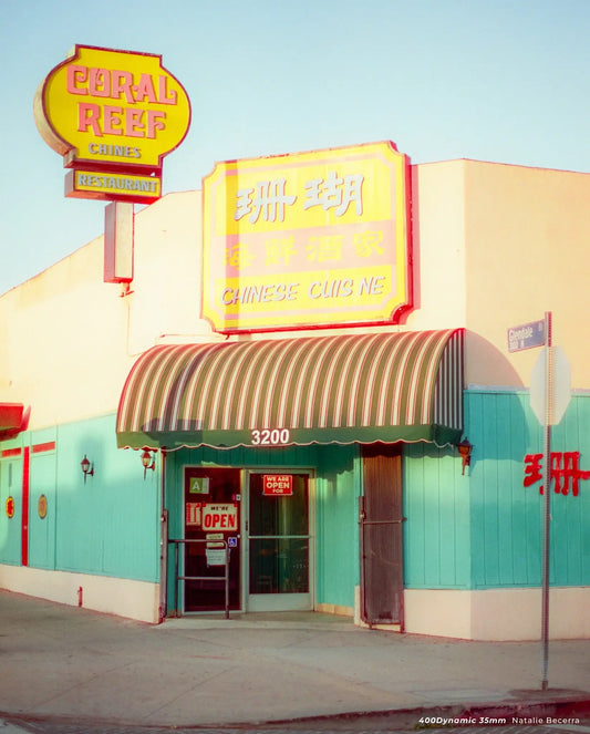 Coral Reef Chinese restaurant storefront shot on CineStill 400Dynamic.