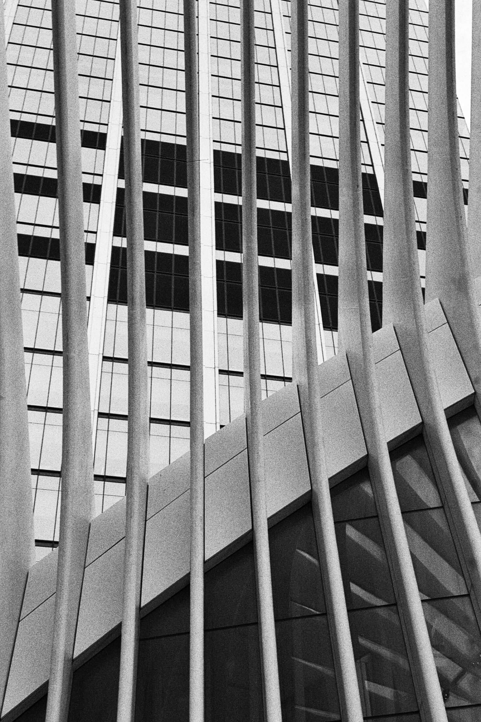 Kodak Tri-X 400 Single-Use Camera (27 Exposures) capturing modern architecture in black and white monochrome.