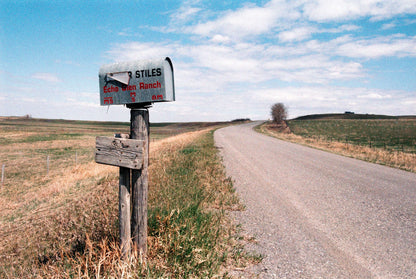 Street Candy Tasty 200 color negative film photo of Echo Glen Ranch mailbox along a country road.
