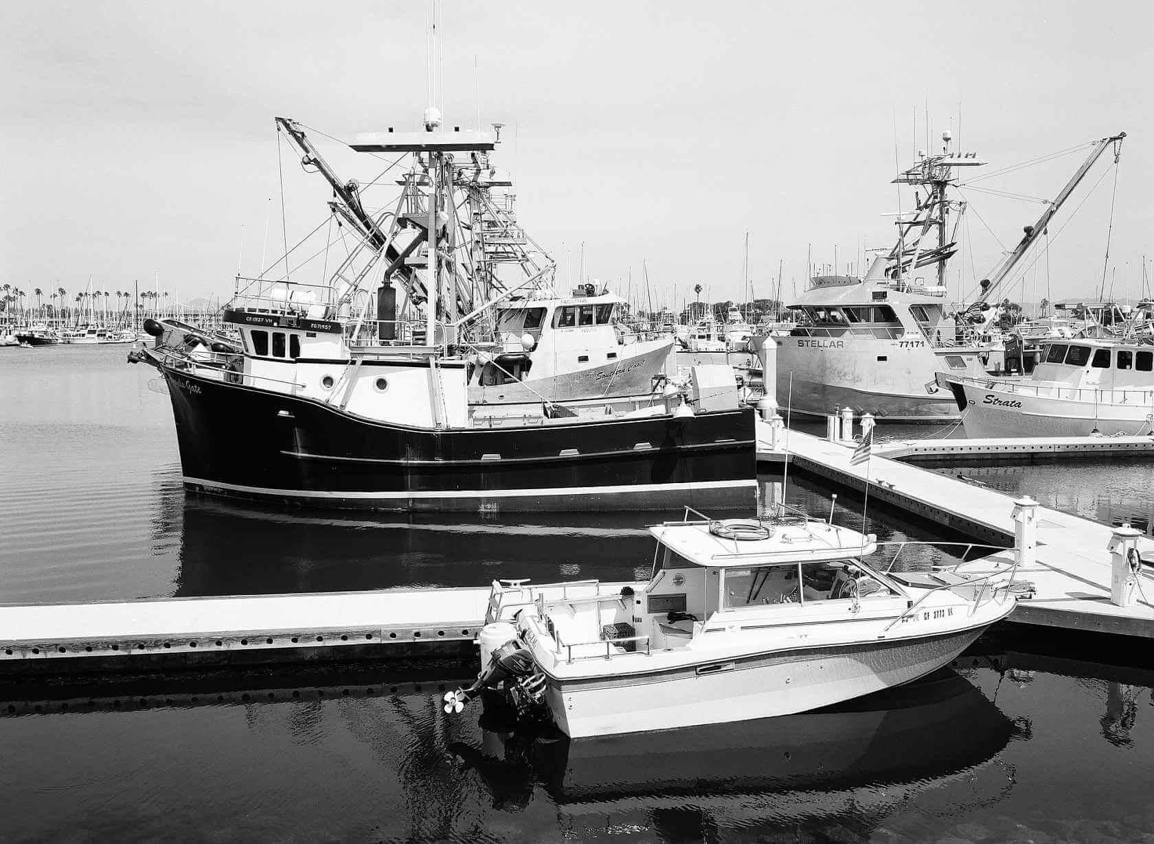 Kodak Ektapan 100 Black and White Negative Film image of fishing boats docked in a marina with calm water.