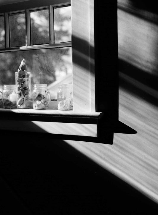Kodak Ektapan 100 Black and White Negative Film image of jars on a windowsill with sunlight casting shadows.