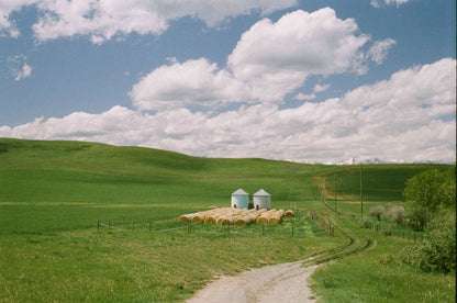 Flic Film Fusion 200 vibrant color film photo of green farmland with hay bales and silos under a cloudy blue sky.